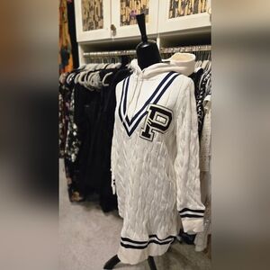 Ralph Lauren White V-Neck Sweater Dress with Black and Navy Accents